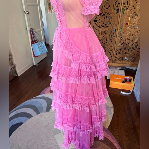 Current Mood Vibrant Pink Lace Layered Semi Sheer Maxi Dress size S NWOT - Picture 8 of 17